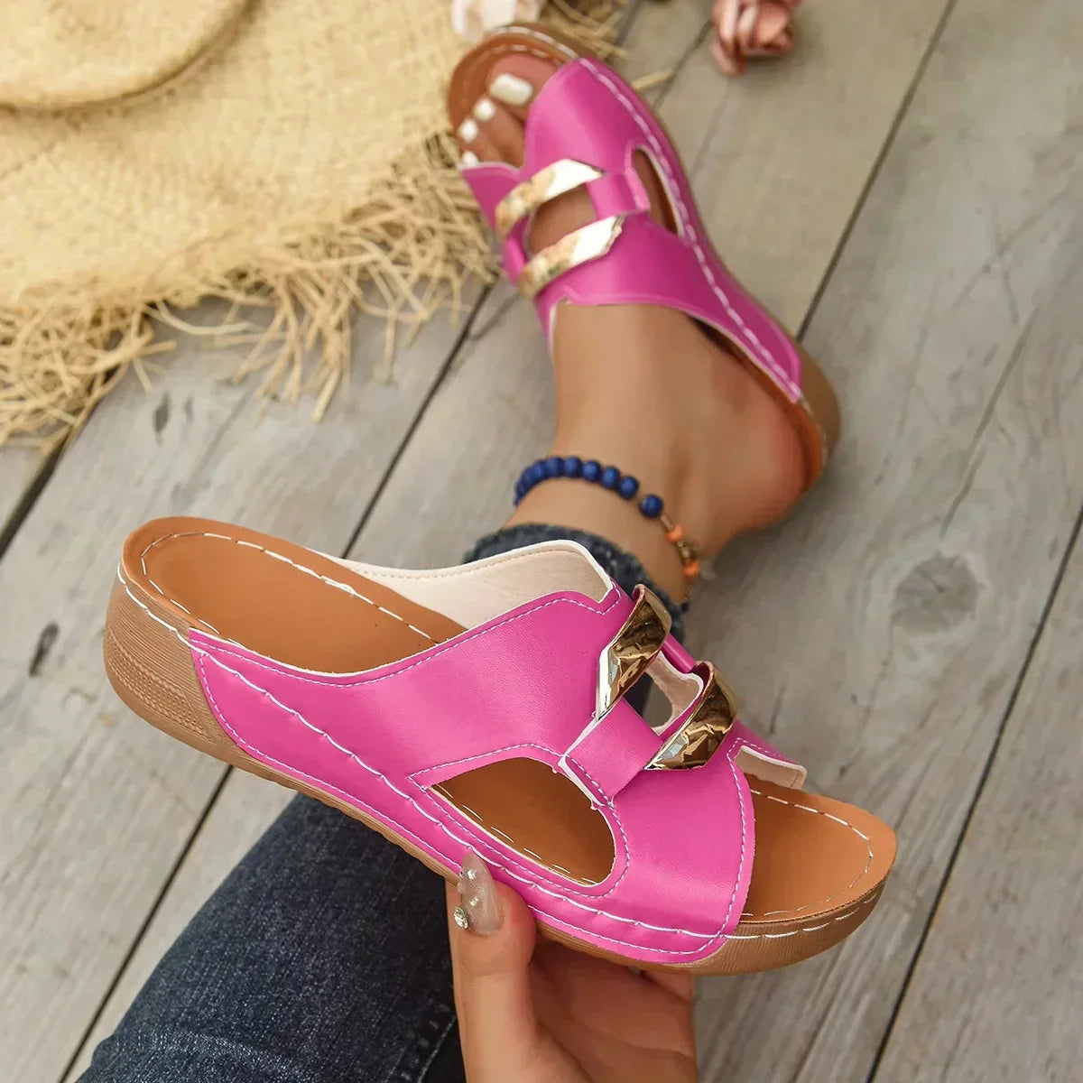 Comfortable Faux Leather Wedge Sandal for Women with Open Toe Metallic Buckle Cutout Platform Style
