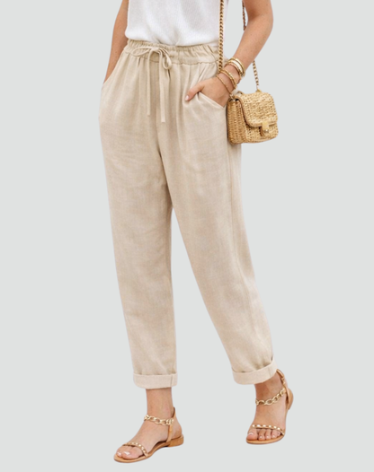 Effortless Linen Pants for Women with High Waist Drawstring Tapered Relaxed Flowing Casual Style