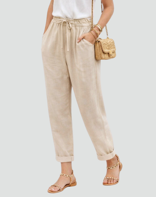 Effortless Linen Pants for Women with High Waist Drawstring Tapered Relaxed Flowing Casual Style