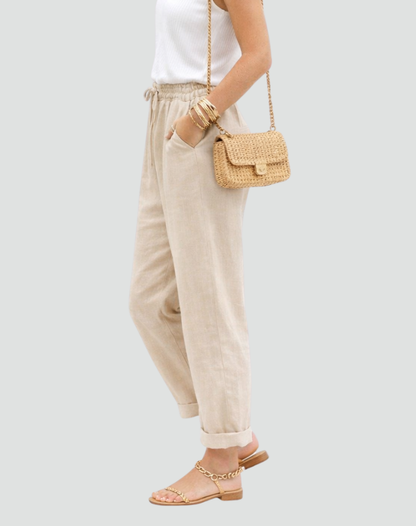 Effortless Linen Pants for Women with High Waist Drawstring Tapered Relaxed Flowing Casual Style