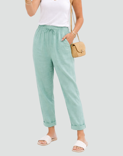 Effortless Linen Pants for Women with High Waist Drawstring Tapered Relaxed Flowing Casual Style