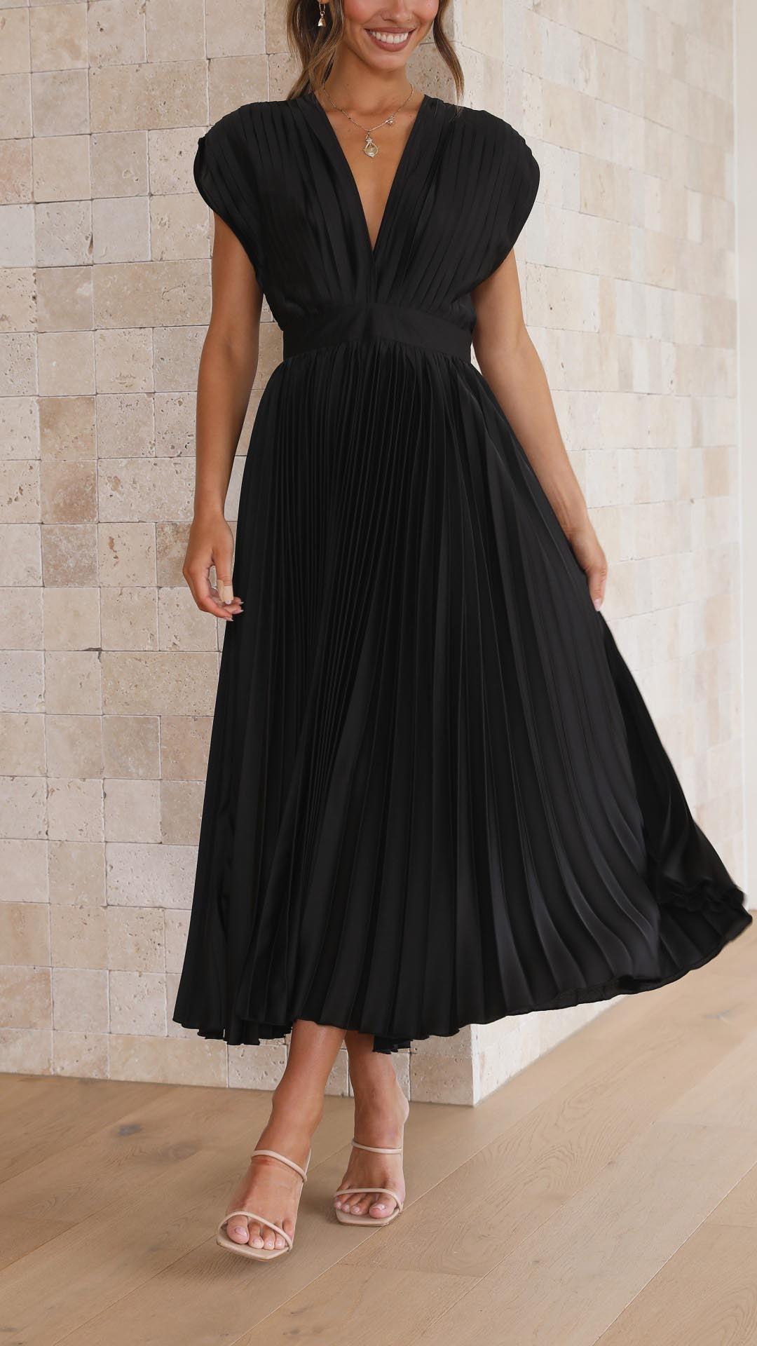 Elegant Pleated Satin Midi Dress for Women with V Neck Cap Sleeve Fit and Flare Cocktail Style