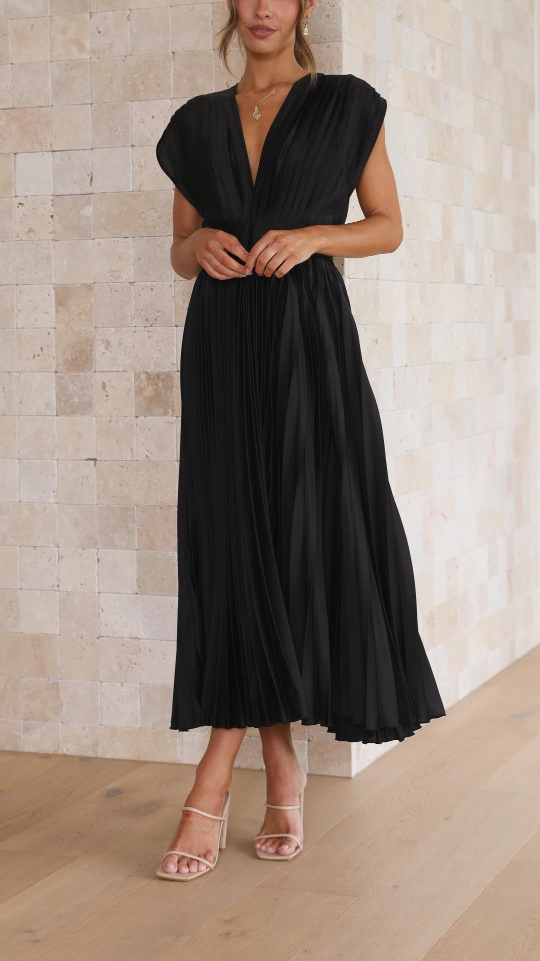 Elegant Pleated Satin Midi Dress for Women with V Neck Cap Sleeve Fit and Flare Cocktail Style
