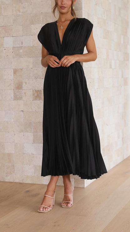 Elegant Pleated Satin Midi Dress for Women with V Neck Cap Sleeve Fit and Flare Cocktail Style