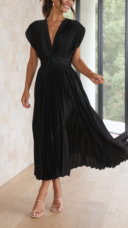 Elegant Pleated Satin Midi Dress for Women with V Neck Cap Sleeve Fit and Flare Cocktail Style