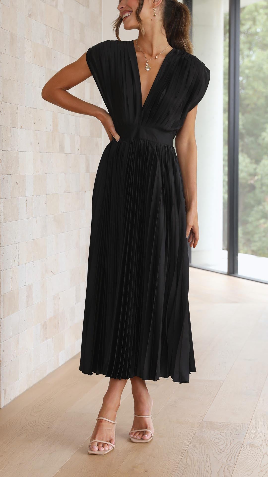 Elegant Pleated Satin Midi Dress for Women with V Neck Cap Sleeve Fit and Flare Cocktail Style