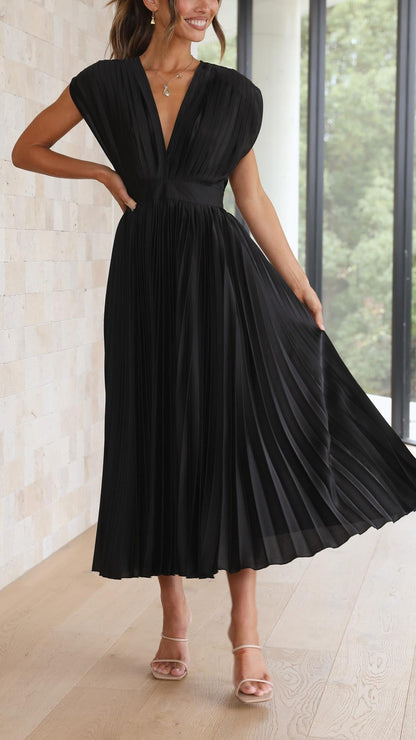 Elegant Pleated Satin Midi Dress for Women with V Neck Cap Sleeve Fit and Flare Cocktail Style