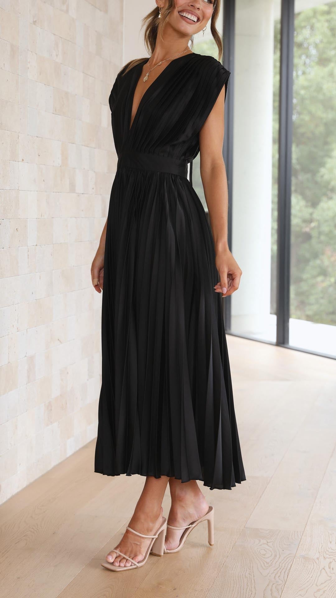 Elegant Pleated Satin Midi Dress for Women with V Neck Cap Sleeve Fit and Flare Cocktail Style