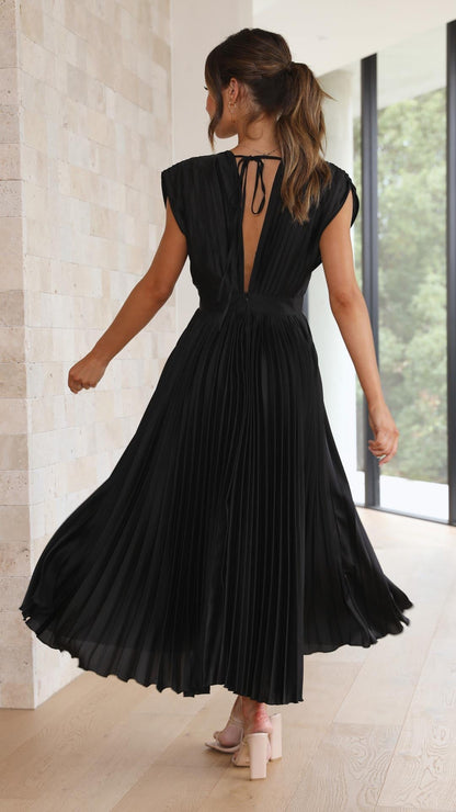 Elegant Pleated Satin Midi Dress for Women with V Neck Cap Sleeve Fit and Flare Cocktail Style