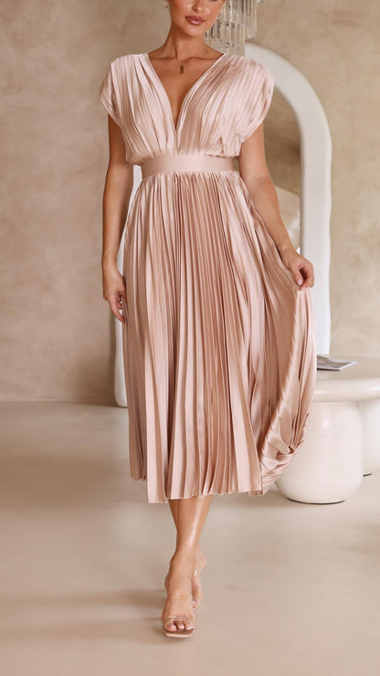 Elegant Pleated Satin Midi Dress for Women with V Neck Cap Sleeve Fit and Flare Cocktail Style
