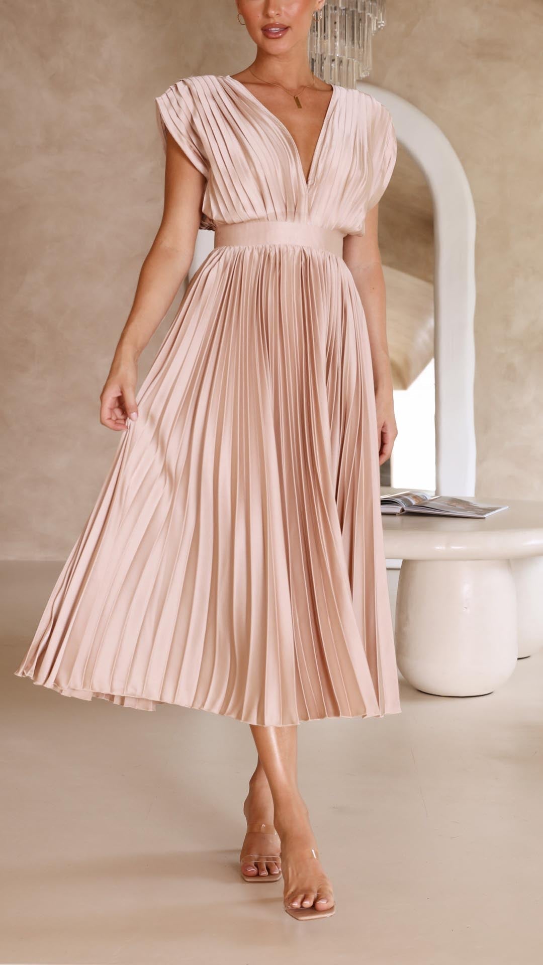 Elegant Pleated Satin Midi Dress for Women with V Neck Cap Sleeve Fit and Flare Cocktail Style