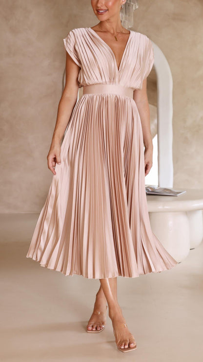 Elegant Pleated Satin Midi Dress for Women with V Neck Cap Sleeve Fit and Flare Cocktail Style