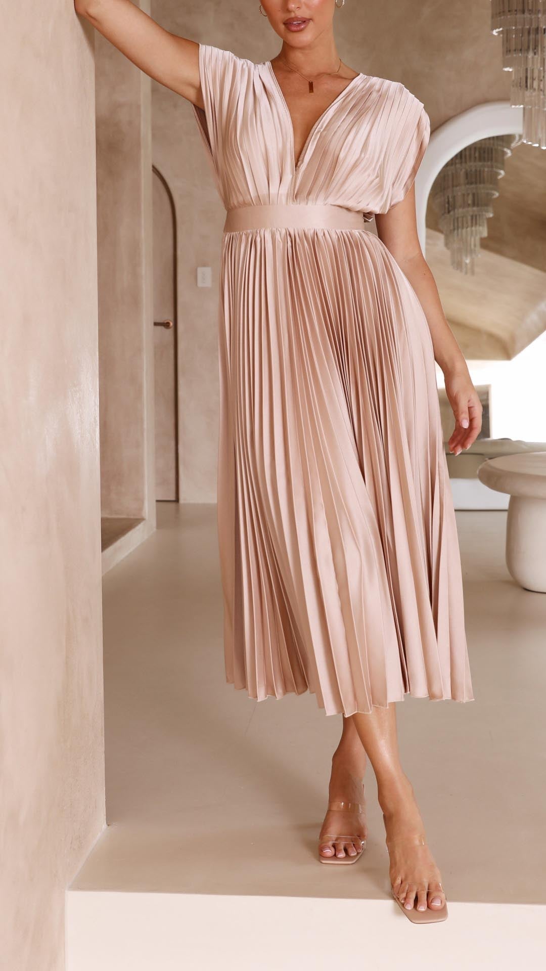 Elegant Pleated Satin Midi Dress for Women with V Neck Cap Sleeve Fit and Flare Cocktail Style