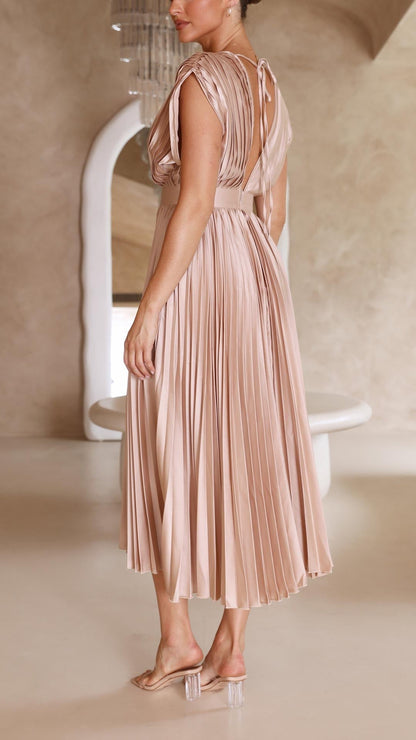 Elegant Pleated Satin Midi Dress for Women with V Neck Cap Sleeve Fit and Flare Cocktail Style