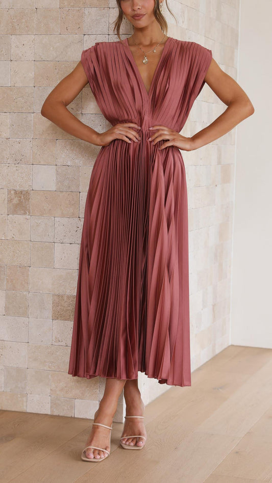 Elegant Pleated Satin Midi Dress for Women with V Neck Cap Sleeve Fit and Flare Cocktail Style