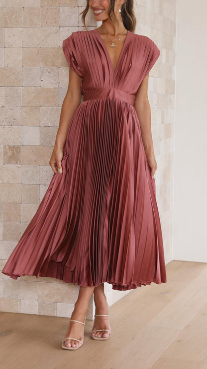 Elegant Pleated Satin Midi Dress for Women with V Neck Cap Sleeve Fit and Flare Cocktail Style