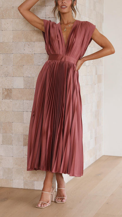 Elegant Pleated Satin Midi Dress for Women with V Neck Cap Sleeve Fit and Flare Cocktail Style