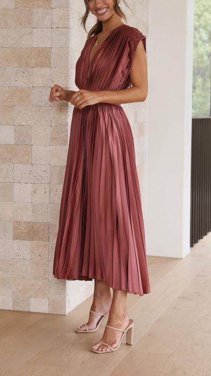 Elegant Pleated Satin Midi Dress for Women with V Neck Cap Sleeve Fit and Flare Cocktail Style