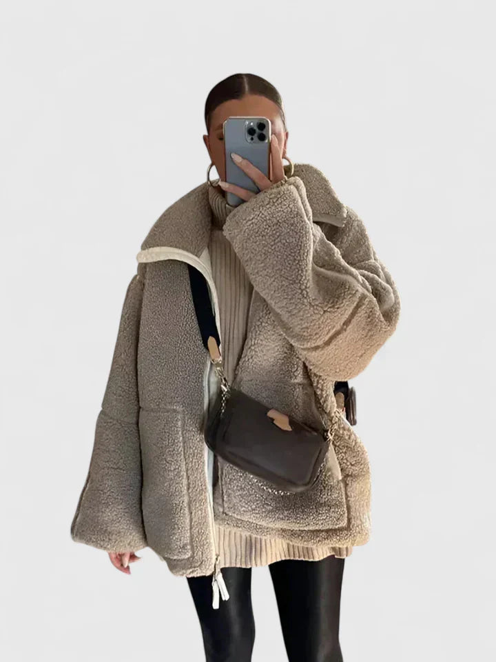 Comfortable Beige Sherpa Jacket for Women with High Neck Long Sleeve Oversized Relaxed Style