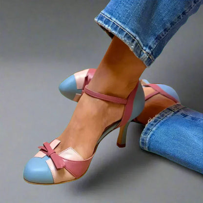 Elegant Color Block Bow Pumps for Women with Ankle Strap Pointed Toe Stiletto Heel Style