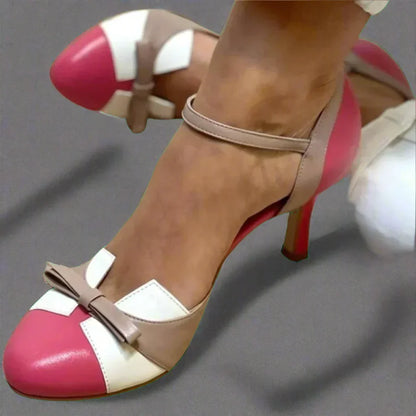 Elegant Color Block Bow Pumps for Women with Ankle Strap Pointed Toe Stiletto Heel Style