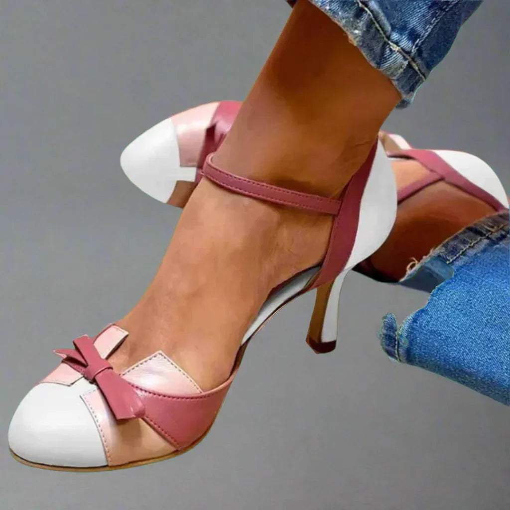 Elegant Color Block Bow Pumps for Women with Ankle Strap Pointed Toe Stiletto Heel Style