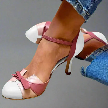 Elegant Color Block Bow Pumps for Women with Ankle Strap Pointed Toe Stiletto Heel Style