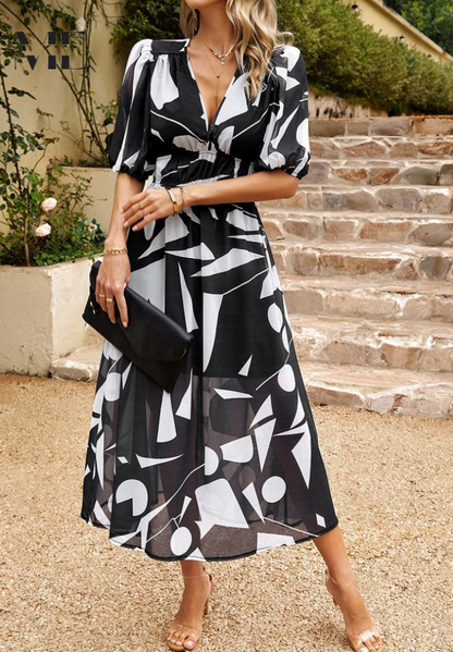 Effortless Floral Midi Dress for Women with V Neck Puff Sleeve Shirred Waist Flowing Style