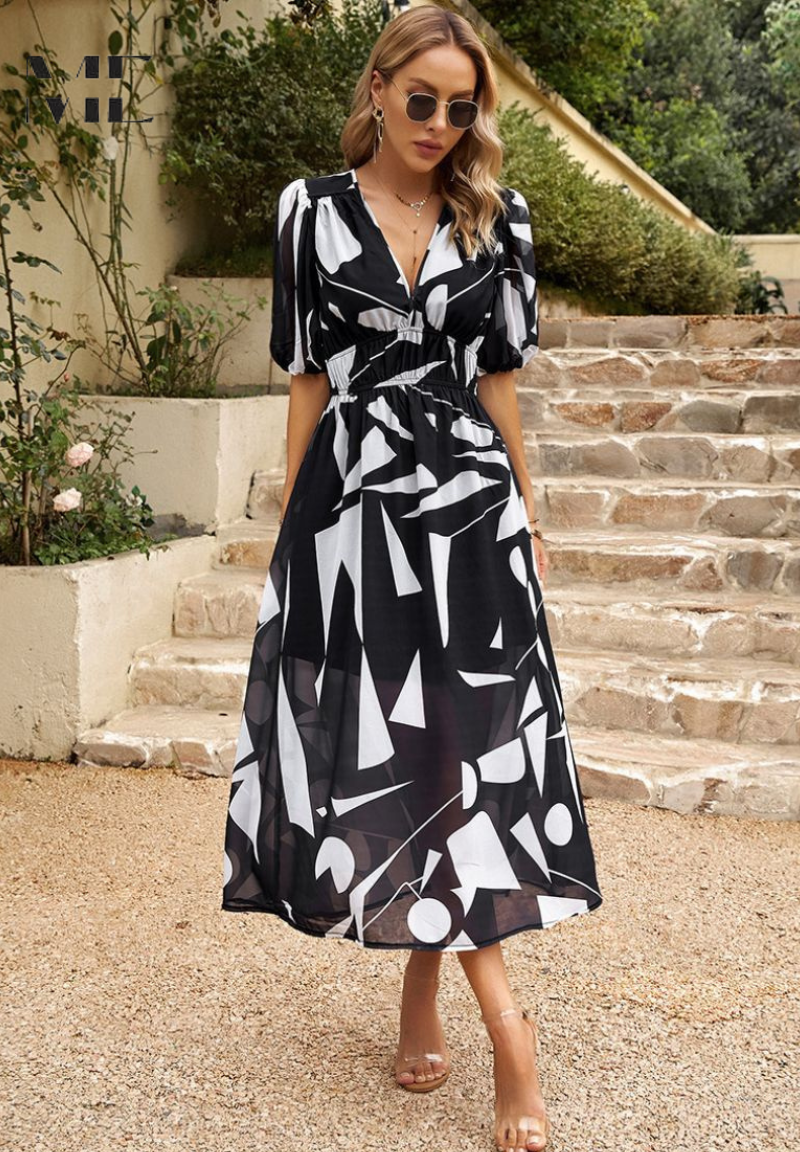 Effortless Floral Midi Dress for Women with V Neck Puff Sleeve Shirred Waist Flowing Style