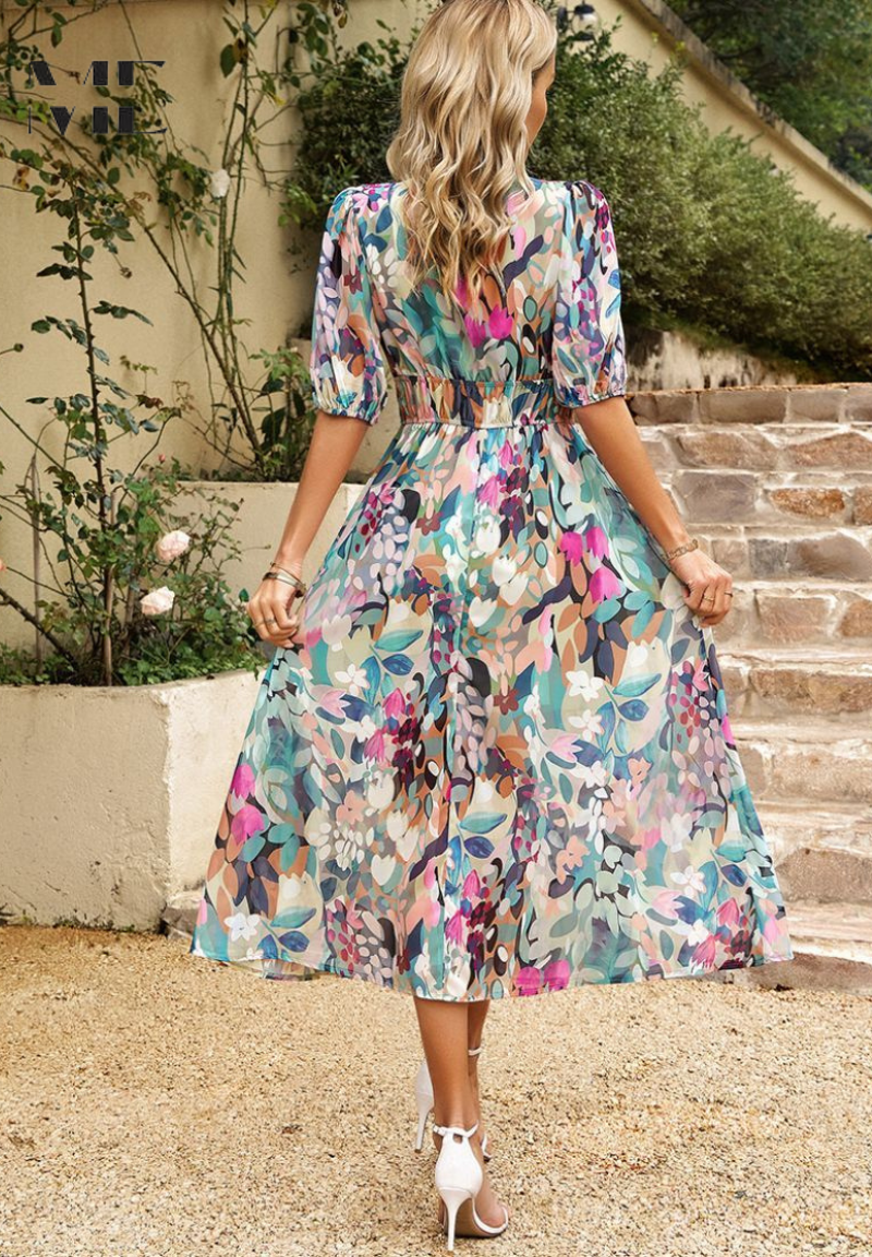 Effortless Floral Midi Dress for Women with V Neck Puff Sleeve Shirred Waist Flowing Style