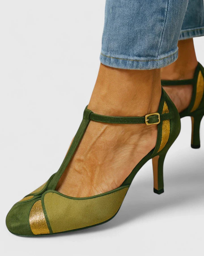 Elegant Green Suede T-Strap Heels for Women with Buckle Closure Gold Metallic Stiletto Style