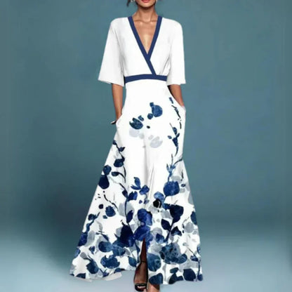 Elegant Floral Embroidered Maxi Dress for Women with V Neck Flutter Sleeve High Slit Flowing Wedding Guest Style