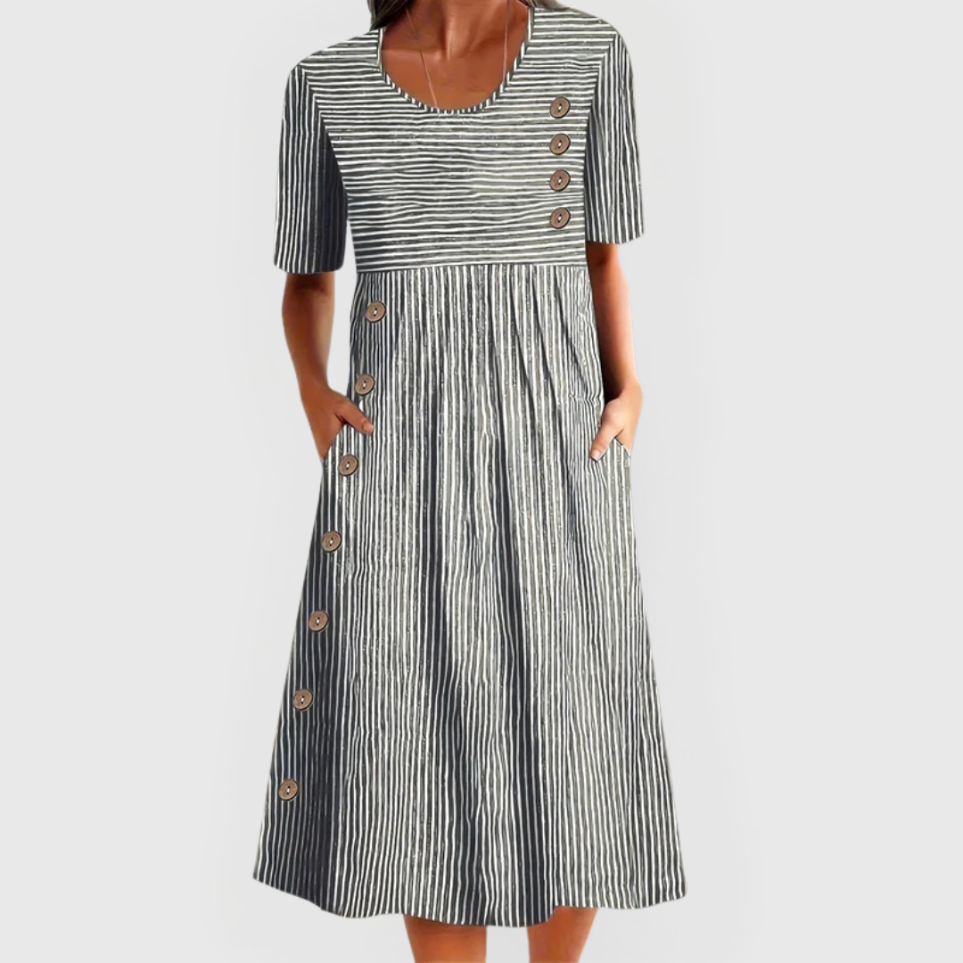 Effortless Striped Midi Dress for Women with Round Neck Short Sleeve Button Detail Pocket Casual Style