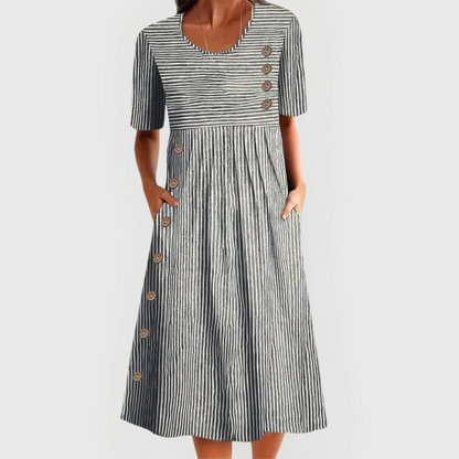 Effortless Striped Midi Dress for Women with Round Neck Short Sleeve Button Detail Pocket Casual Style