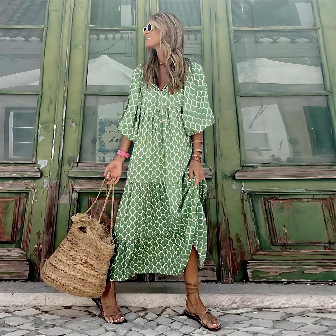Effortless Floral Maxi Dress for Women with V Neck Bell Sleeve Tiered Ruffle Bohemian Style
