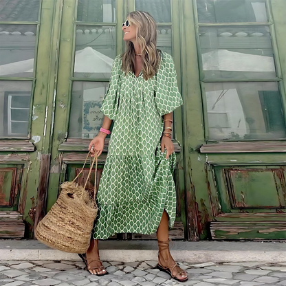 Effortless Floral Maxi Dress for Women with V Neck Bell Sleeve Tiered Ruffle Bohemian Style