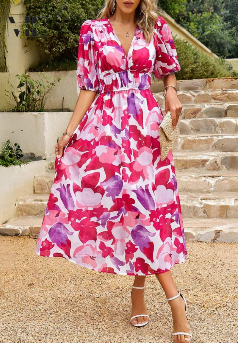 Effortless Floral Midi Dress for Women with V Neck Puff Sleeve Shirred Waist Flowing Style