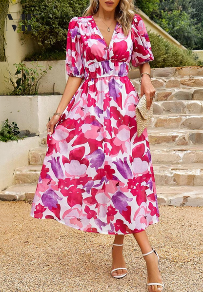 Effortless Floral Midi Dress for Women with V Neck Puff Sleeve Shirred Waist Flowing Style