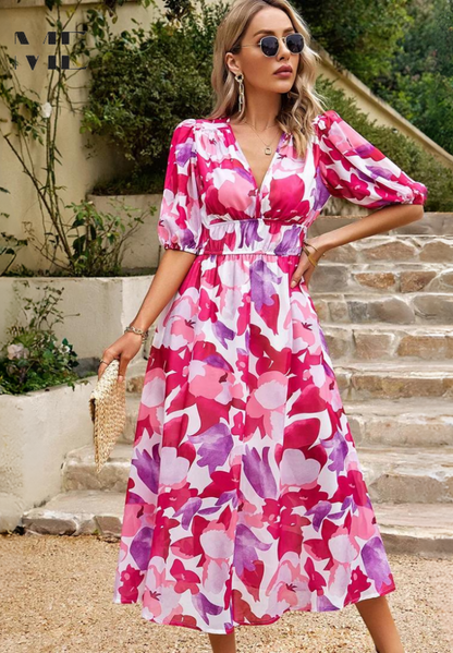Effortless Floral Midi Dress for Women with V Neck Puff Sleeve Shirred Waist Flowing Style