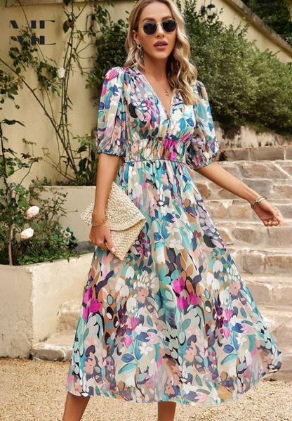 Effortless Floral Midi Dress for Women with V Neck Puff Sleeve Shirred Waist Flowing Style