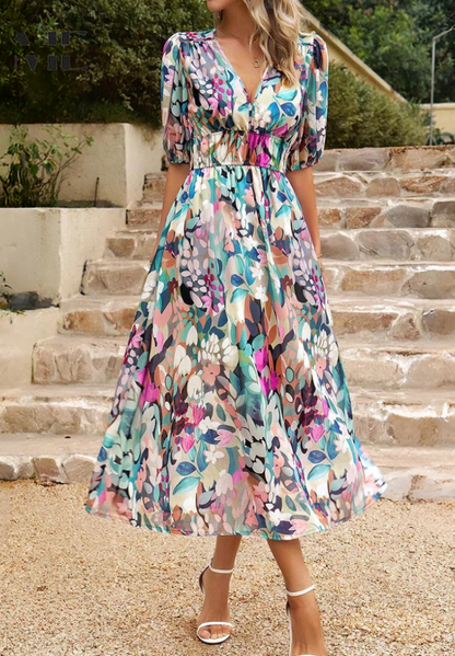 Effortless Floral Midi Dress for Women with V Neck Puff Sleeve Shirred Waist Flowing Style