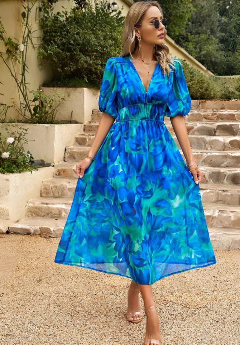 Effortless Floral Midi Dress for Women with V Neck Puff Sleeve Shirred Waist Flowing Style