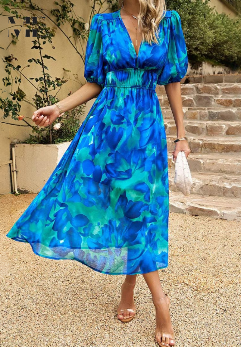 Effortless Floral Midi Dress for Women with V Neck Puff Sleeve Shirred Waist Flowing Style