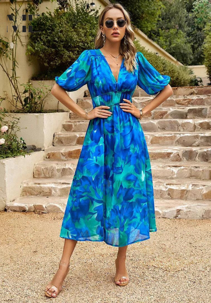 Effortless Floral Midi Dress for Women with V Neck Puff Sleeve Shirred Waist Flowing Style