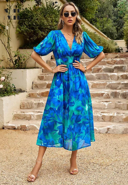 Effortless Floral Midi Dress for Women with V Neck Puff Sleeve Shirred Waist Flowing Style