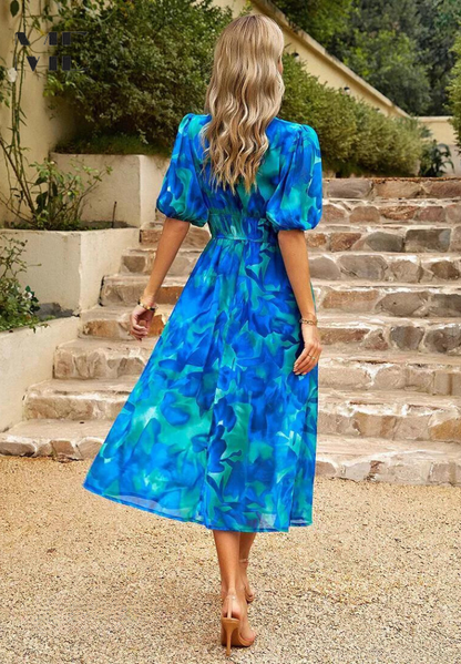 Effortless Floral Midi Dress for Women with V Neck Puff Sleeve Shirred Waist Flowing Style