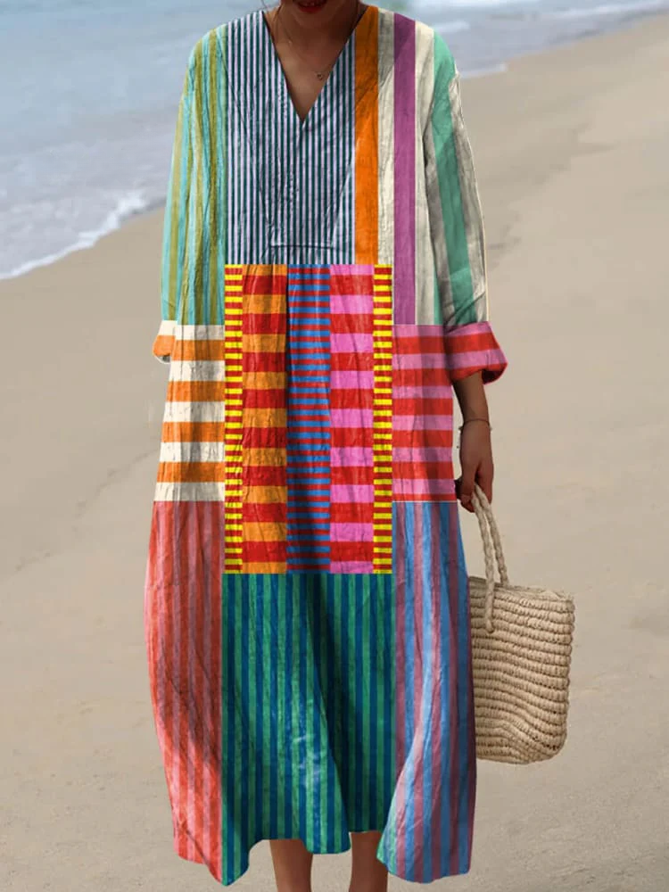 Effortless Patchwork Striped Linen Maxi Dress for Women with V Neck Long Sleeve Kaftan Flowing Bohemian Style
