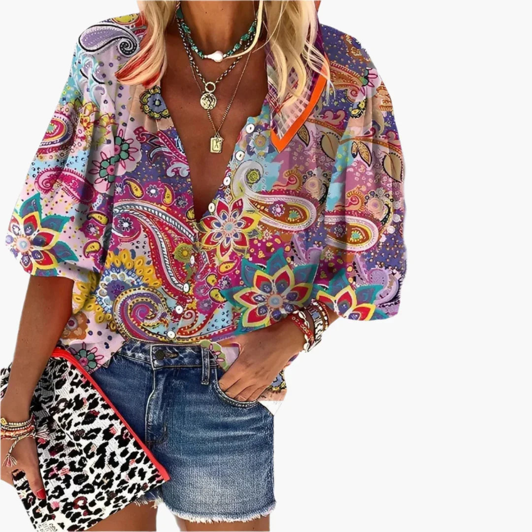 Effortless Purple Paisley Print Shirt for Women with V Neck Batwing Sleeve Relaxed Bohemian Style