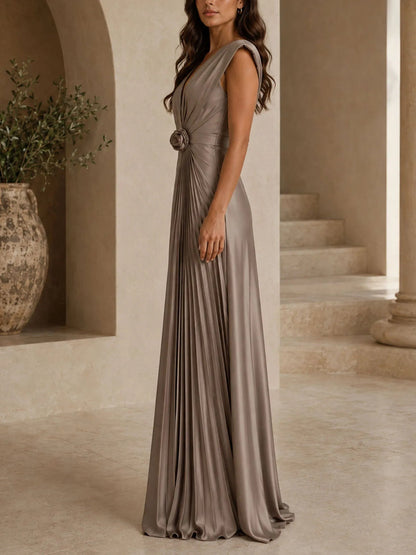 Effortless Taupe Satin Maxi Dress for Women with V Neck Pleated Rosette Waist Sleeveless Cocktail Style