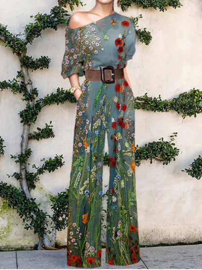 Effortless Printed Wide Leg Jumpsuit for Women with One Shoulder Batwing Sleeve Belted Bohemian Style